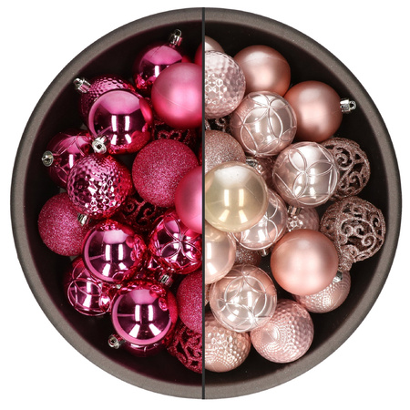 74x stuks kunststof kerstballen mix van fuchsia roze en lichtroze 6 cm