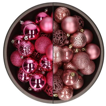 74x stuks kunststof kerstballen mix van fuchsia roze en oudroze 6 cm