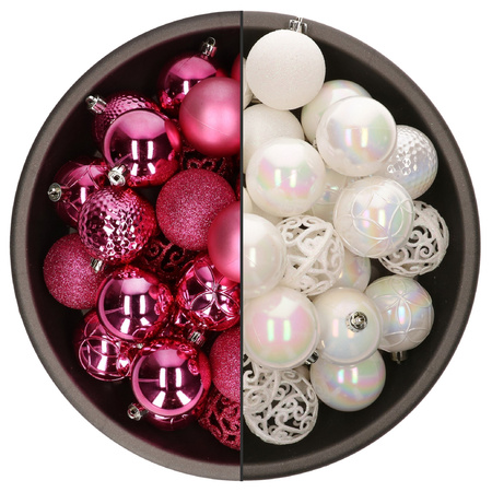 74x pcs plastic christmas baubles mix of fuchsia pink and white pearl 6 cm