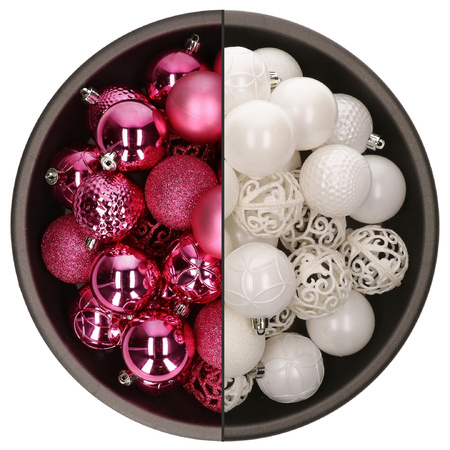 74x stuks kunststof kerstballen mix van fuchsia roze en wit 6 cm