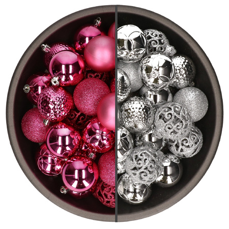 74x stuks kunststof kerstballen mix van fuchsia roze en zilver 6 cm