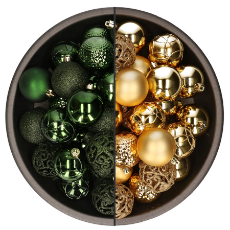 74x pcs plastic christmas baubles mix of gold and dark green 6 cm