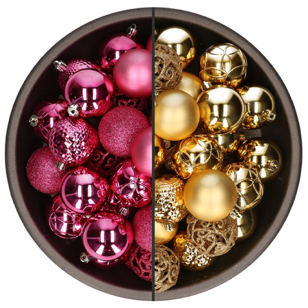 74x pcs plastic christmas baubles mix of gold and fuchsia pink 6 cm