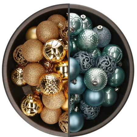 74x stuks kunststof kerstballen mix van goud en ijsblauw 6 cm