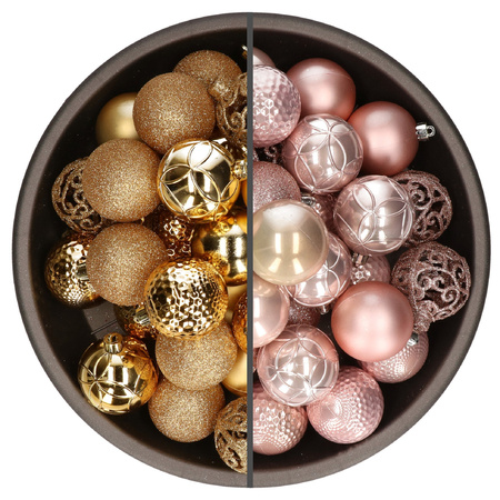 74x stuks kunststof kerstballen mix van goud en lichtroze 6 cm