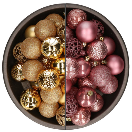 74x pcs plastic christmas baubles mix of gold and velvet pink 6 cm