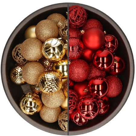 74x stuks kunststof kerstballen mix van goud en rood 6 cm