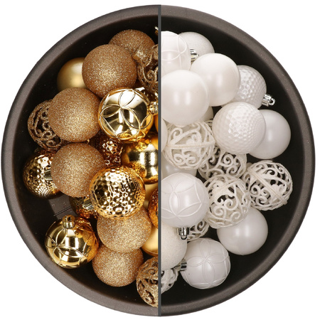 74x pcs plastic christmas baubles mix of gold and white 6 cm