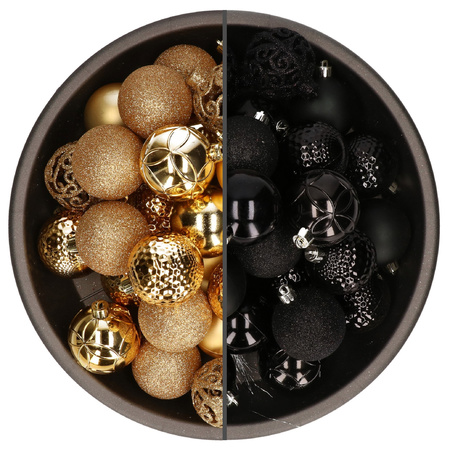 74x stuks kunststof kerstballen mix van goud en zwart 6 cm