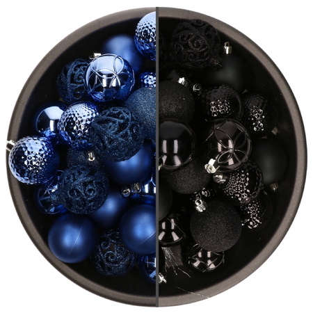 74x pcs plastic christmas baubles mix of royal blue and black 6 cm