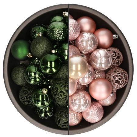 74x pcs plastic christmas baubles mix of light pink and dark green 6 cm