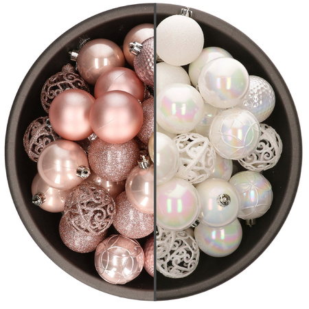 74x pcs plastic christmas baubles mix of light pink and white pearl 6 cm