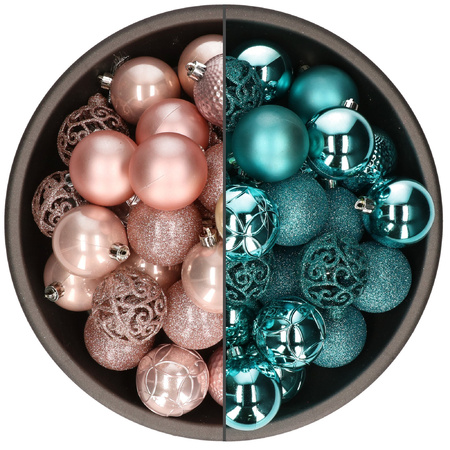 74x pcs plastic christmas baubles mix of light pink and turquoise blue 6 cm