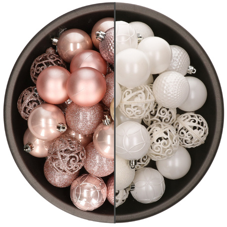 74x stuks kunststof kerstballen mix van lichtroze en wit 6 cm