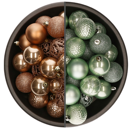 74x stuks kunststof kerstballen mix van mintgroen en camel bruin 6 cm
