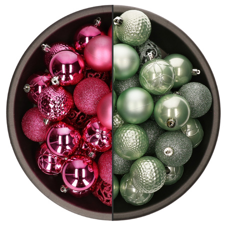 74x stuks kunststof kerstballen mix van mintgroen en fuchsia roze 6 cm