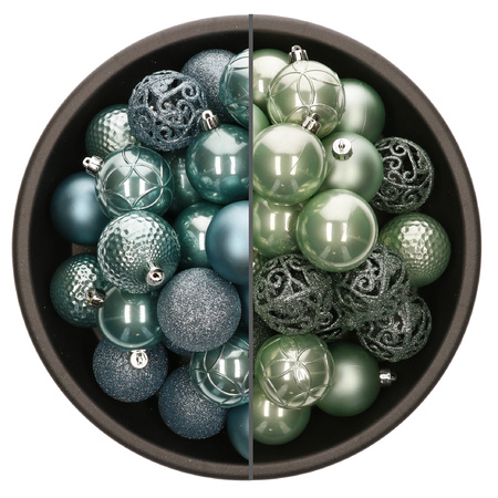 74x stuks kunststof kerstballen mix van mintgroen en ijsblauw 6 cm
