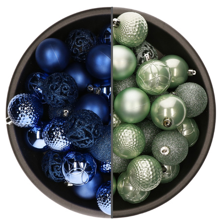 74x pcs plastic christmas baubles mix of mint green and royal blue 6 cm
