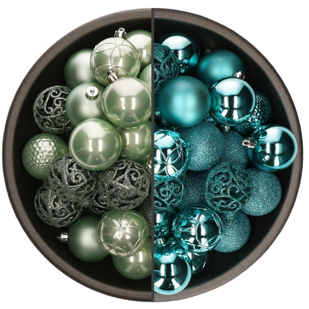 74x stuks kunststof kerstballen mix van mintgroen en turquoise blauw 6 cm