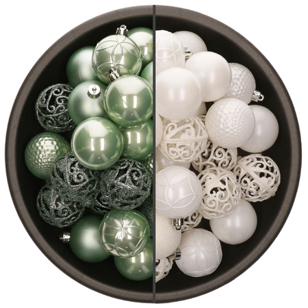 74x pcs plastic christmas baubles mix of mint green and white 6 cm