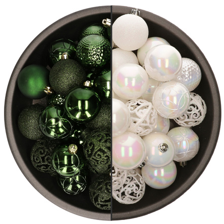 74x pcs plastic christmas baubles mix of white pearl and dark green 6 cm
