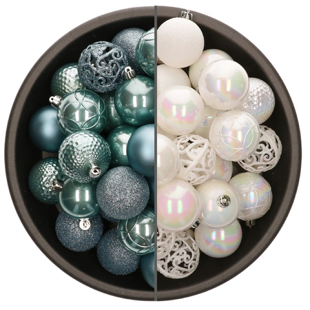 74x pcs plastic christmas baubles mix of white pearl and ice blue 6 cm