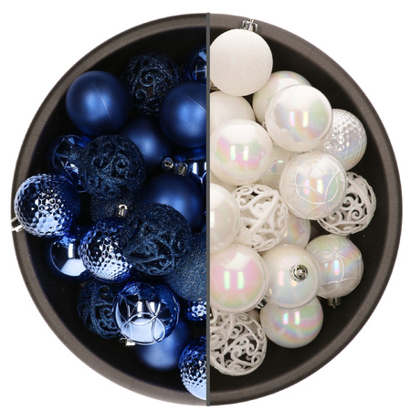 74x pcs plastic christmas baubles mix of white pearl and royal blue 6 cm