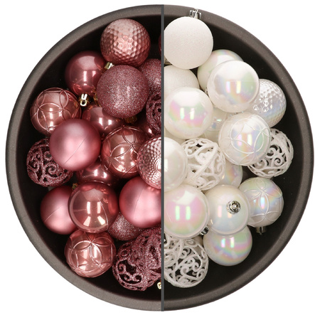 74x pcs plastic christmas baubles mix of white pearl and velvet pink 6 cm