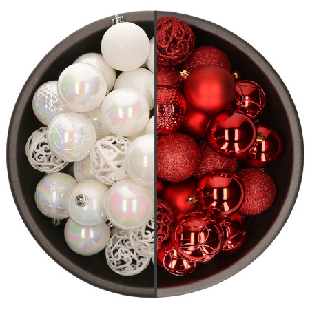 74x pcs plastic christmas baubles mix of white pearl and red 6 cm