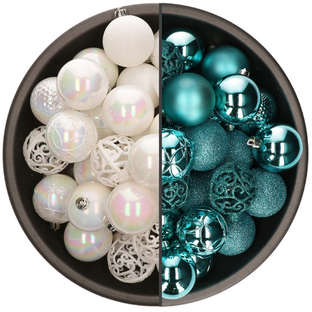 74x pcs plastic christmas baubles mix of white pearl and turquoise blue 6 cm