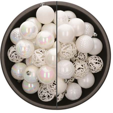 74x pcs plastic christmas baubles mix of white pearl and white 6 cm