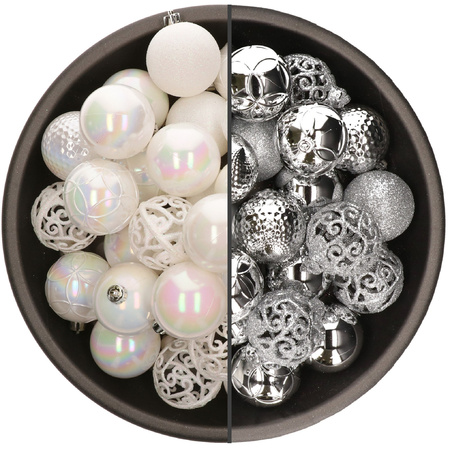 74x pcs plastic christmas baubles mix of white pearl and silver 6 cm
