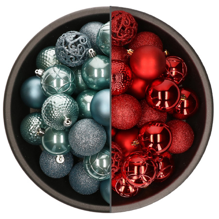 74x stuks kunststof kerstballen mix van rood en ijsblauw 6 cm