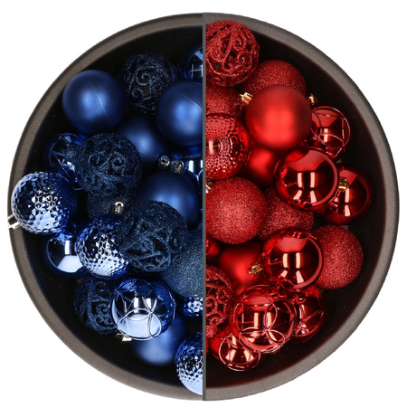 74x pcs plastic christmas baubles mix of red and royal blue 6 cm