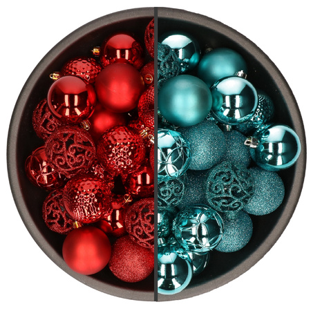 74x stuks kunststof kerstballen mix van rood en turquoise blauw 6 cm
