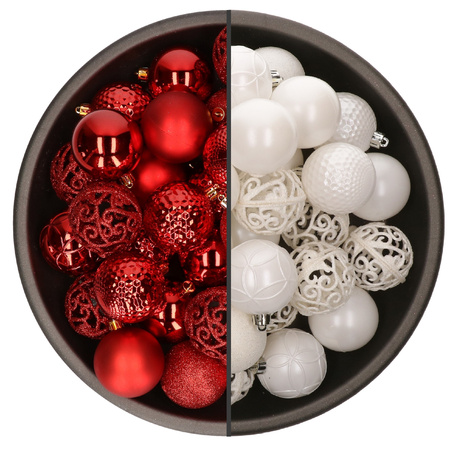 74x pcs plastic christmas baubles mix of red and white 6 cm