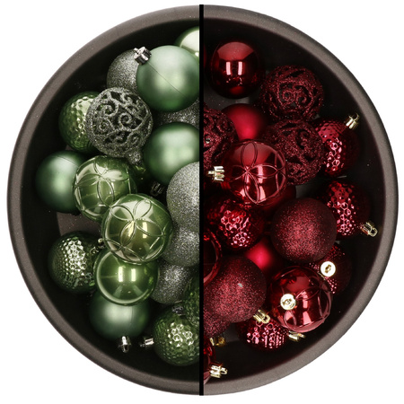 74x pcs plastic christmas baubles mix of sage green and dark red 6 cm