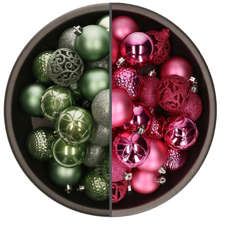 74x stuks kunststof kerstballen mix van salie groen en fuchsia roze 6 cm