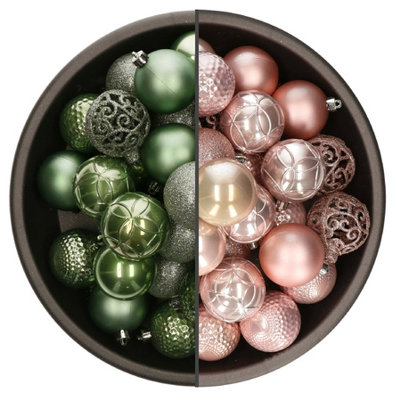 74x pcs plastic christmas baubles mix of sage green and light pink 6 cm
