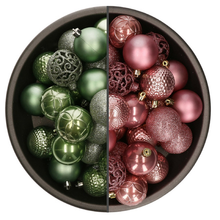 74x pcs plastic christmas baubles mix of sage green and velvet pink 6 cm