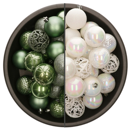 74x pcs plastic christmas baubles mix of sage green and pearlescent white 6 cm