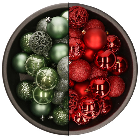 74x pcs plastic christmas baubles mix of sage green and red 6 cm