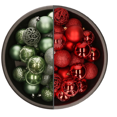 74x pcs plastic christmas baubles mix of sage green and red 6 cm