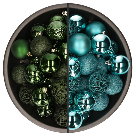 74x pcs plastic christmas baubles mix of turquoise blue and dark green 6 cm