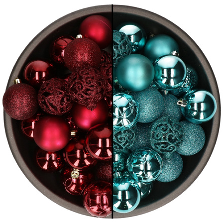 74x stuks kunststof kerstballen mix van turquoise blauw en donkerrood 6 cm