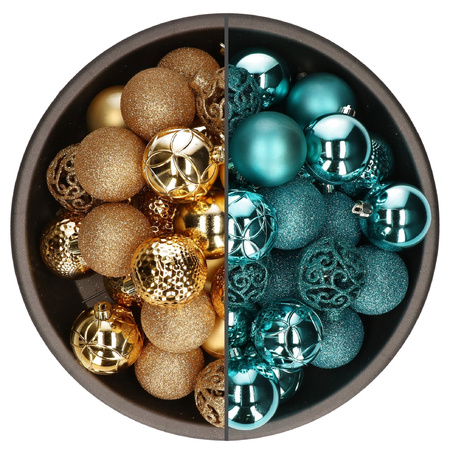 74x stuks kunststof kerstballen mix van turquoise blauw en goud 6 cm