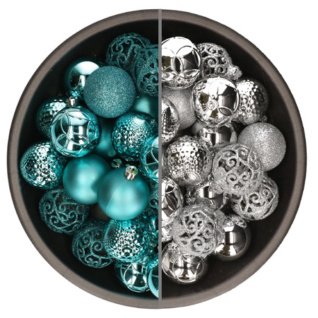 74x stuks kunststof kerstballen mix van turquoise blauw en zilver 6 cm