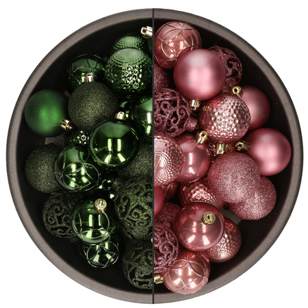 74x pcs plastic christmas baubles mix of velvet pink and dark green 6 cm