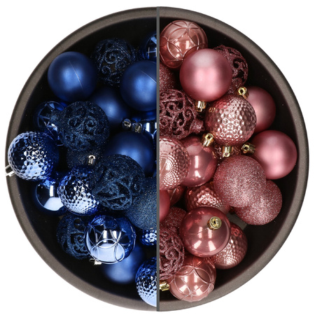 74x stuks kunststof kerstballen mix van velvet roze en kobalt blauw 6 cm