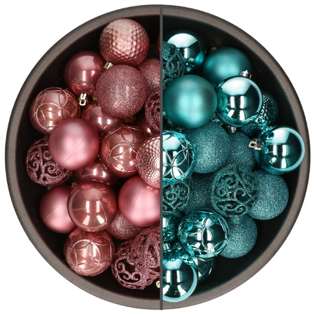 74x stuks kunststof kerstballen mix van velvet roze en turquoise blauw 6 cm